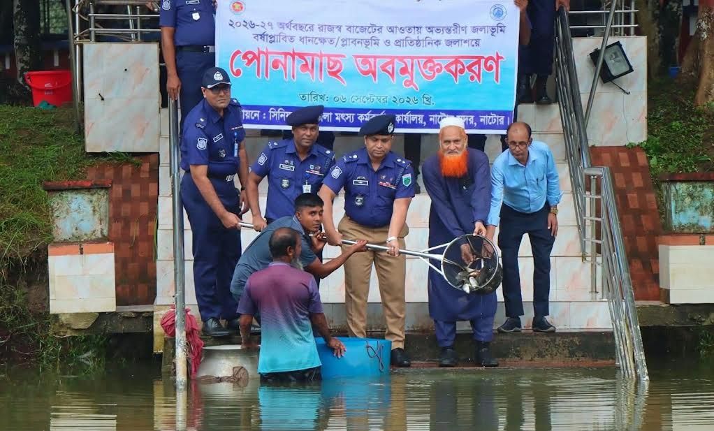 নাটোরে অভ্যন্তরীণ জলাশয়ে দুই টন মাছের পোনা অবমুক্তকরণ শুরু