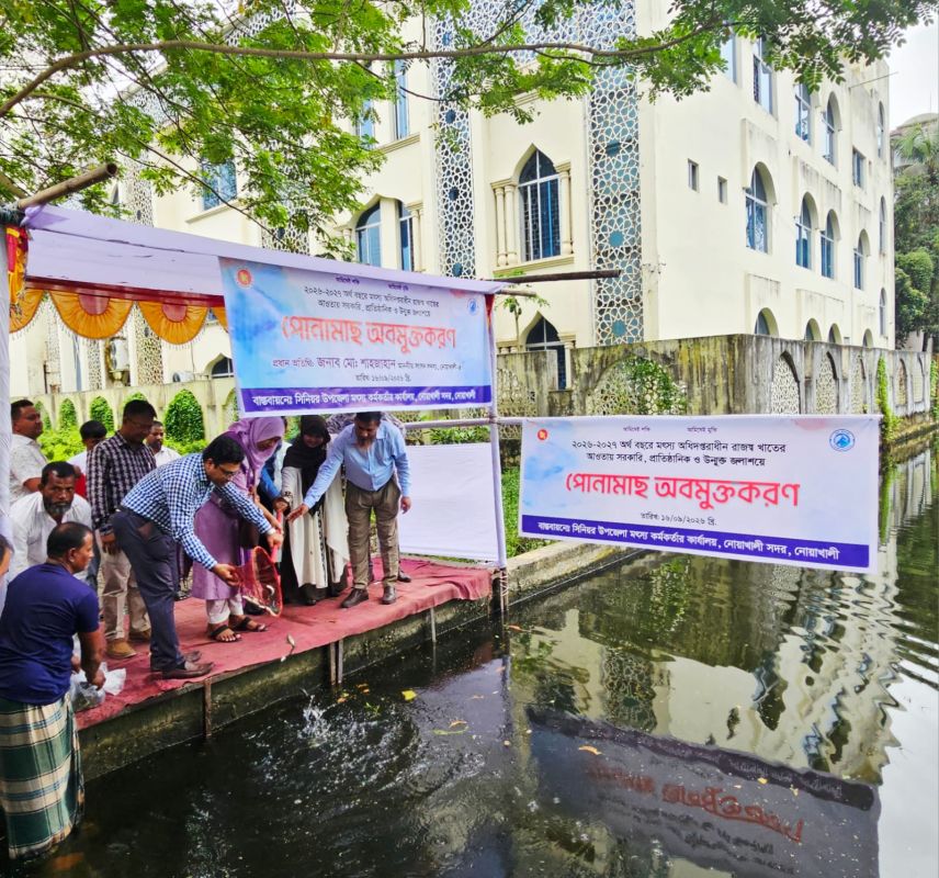 নোয়াখালীতে উন্মুক্ত জলাশয়ে পোনামাছ অবমুক্ত