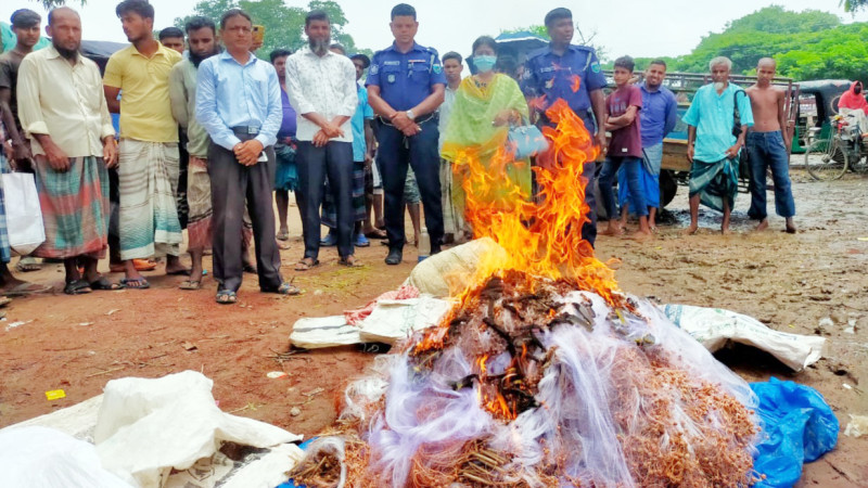 রাণীনগরে ১০হাজার মিটার নিষিদ্ধ কারেন্টজাল জব্দ করে ভস্মিভূত