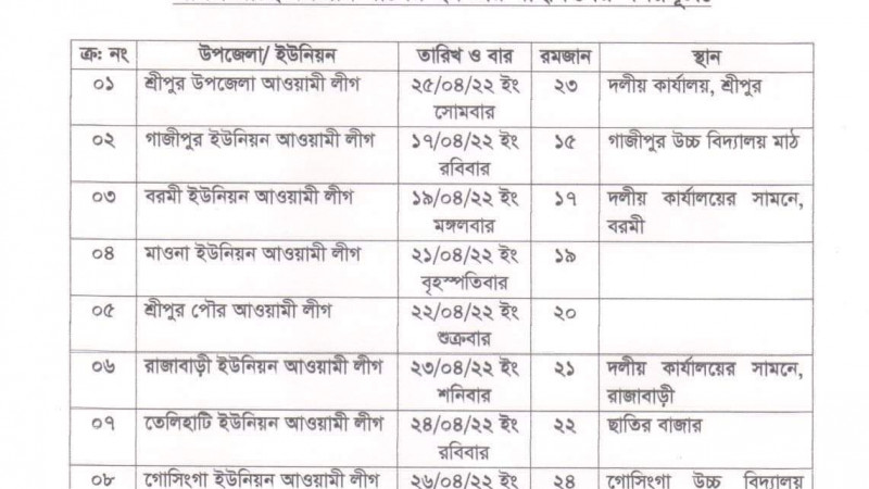 গাজীপুরে আ.লীগের উদ্যোগে যেসব এলাকায় ইফতার মাহফিল অনুষ্ঠিত হবে